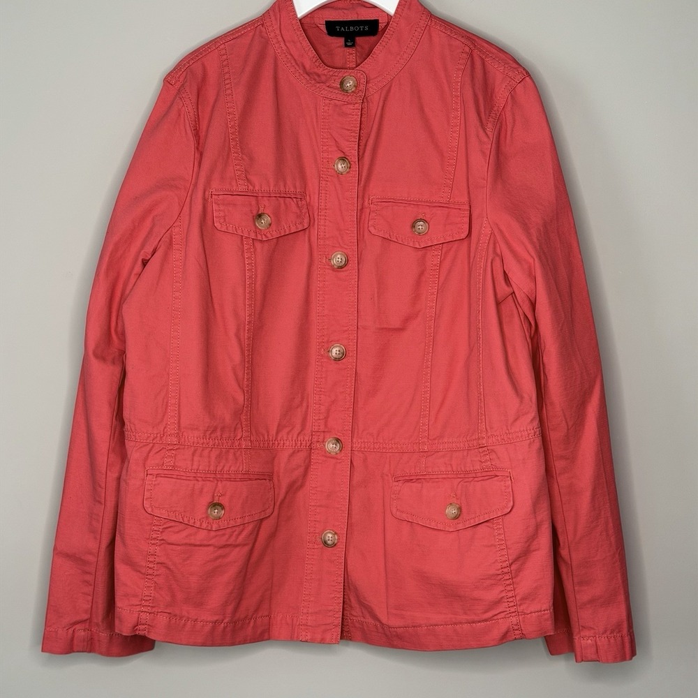 Talbots hot pink Band Collar Jacket Women Utility Jacket Button Front SZ-Large